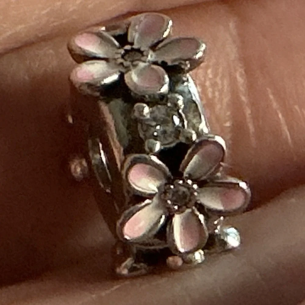 Pandora S925 Pink Daisy Flower Clip Charm Sterling Silver Enamel CZ